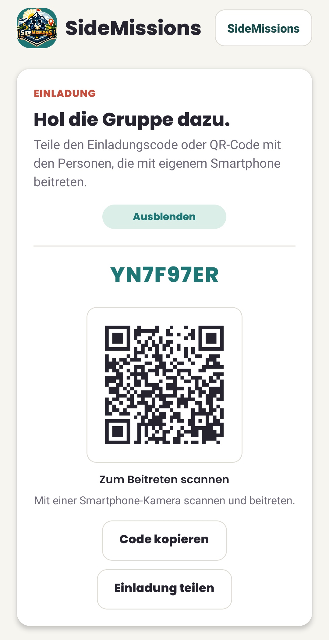 Einladungsbildschirm mit Code und QR-Code