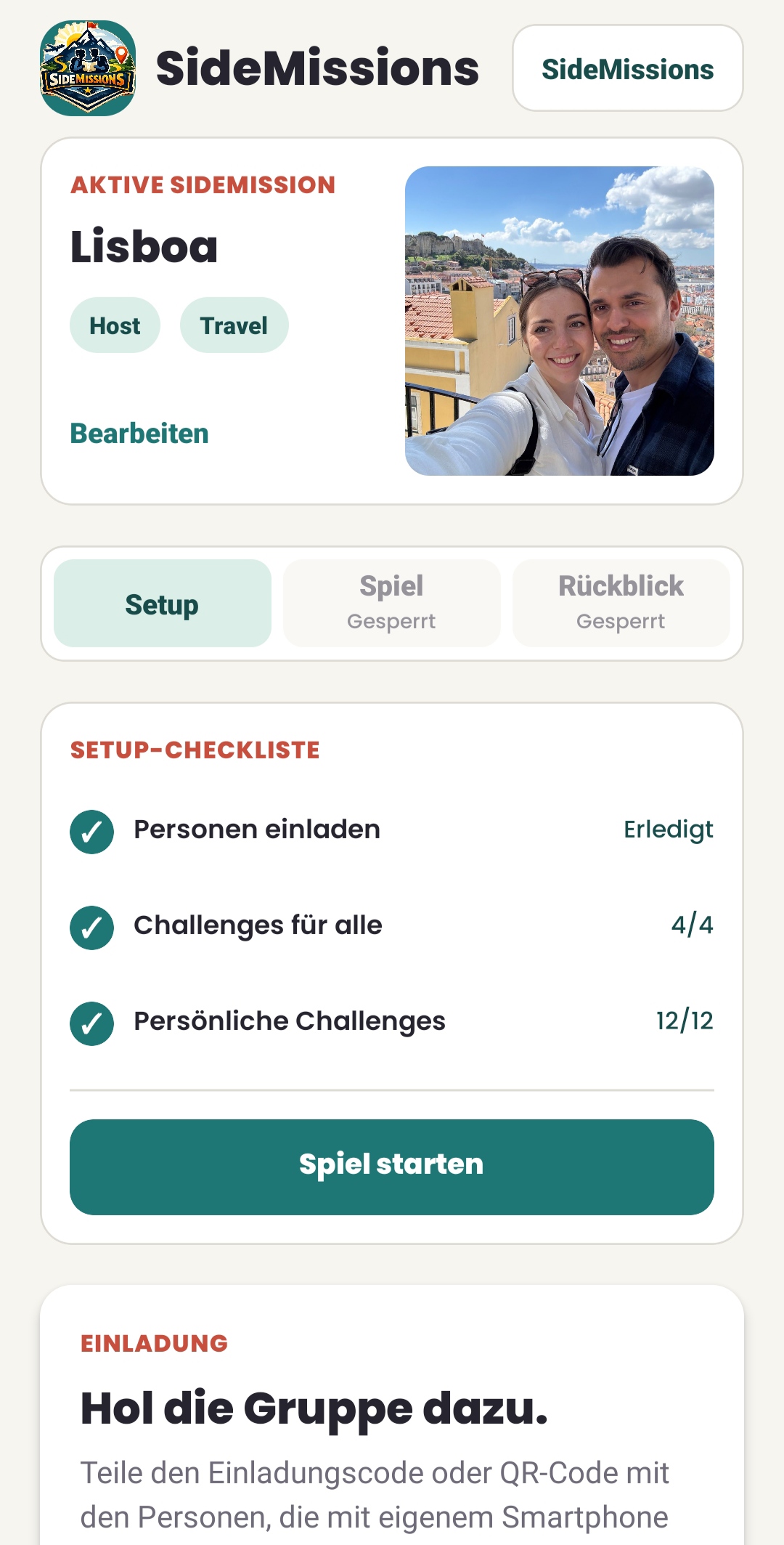 SideMissions-App mit aktiver Reise und Setup-Checkliste
